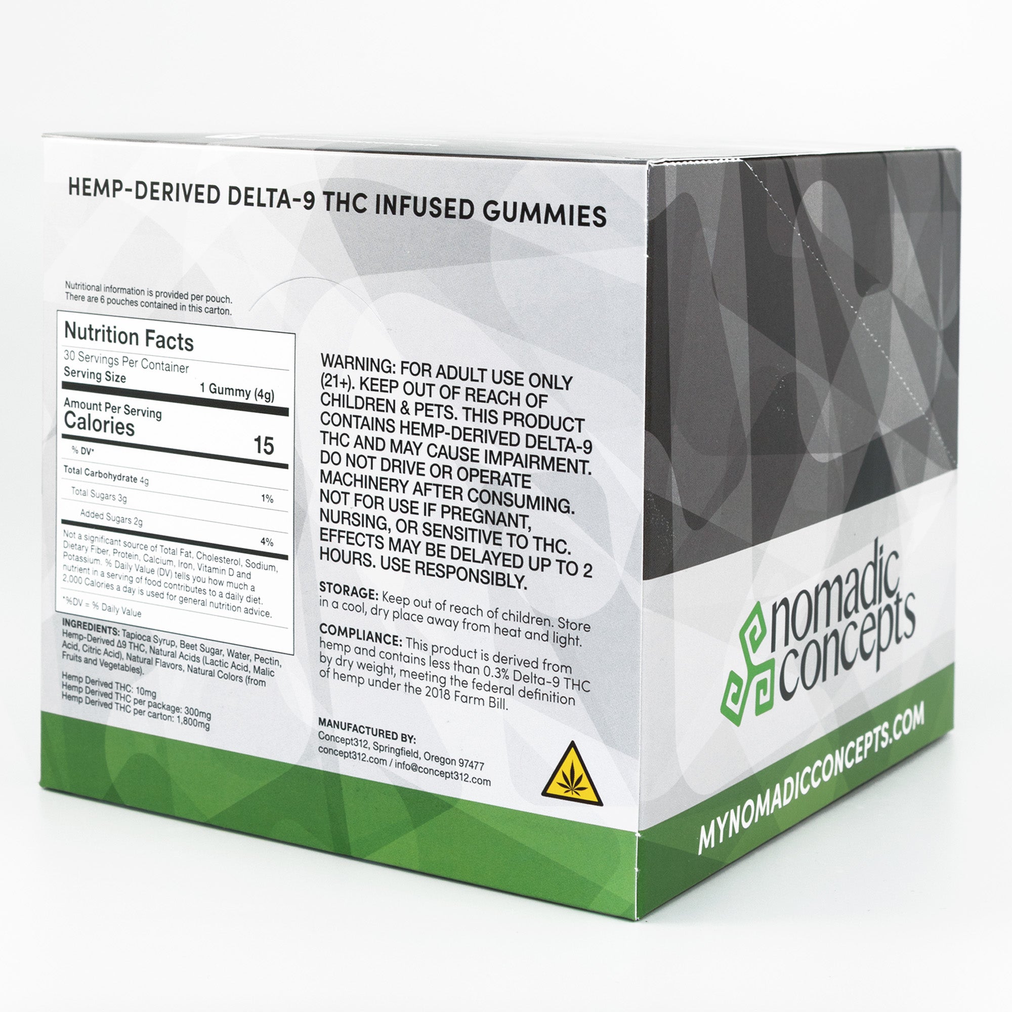 Box of nomadic concepts Delta-9 THC infused gummies with nutritional information and branding.
