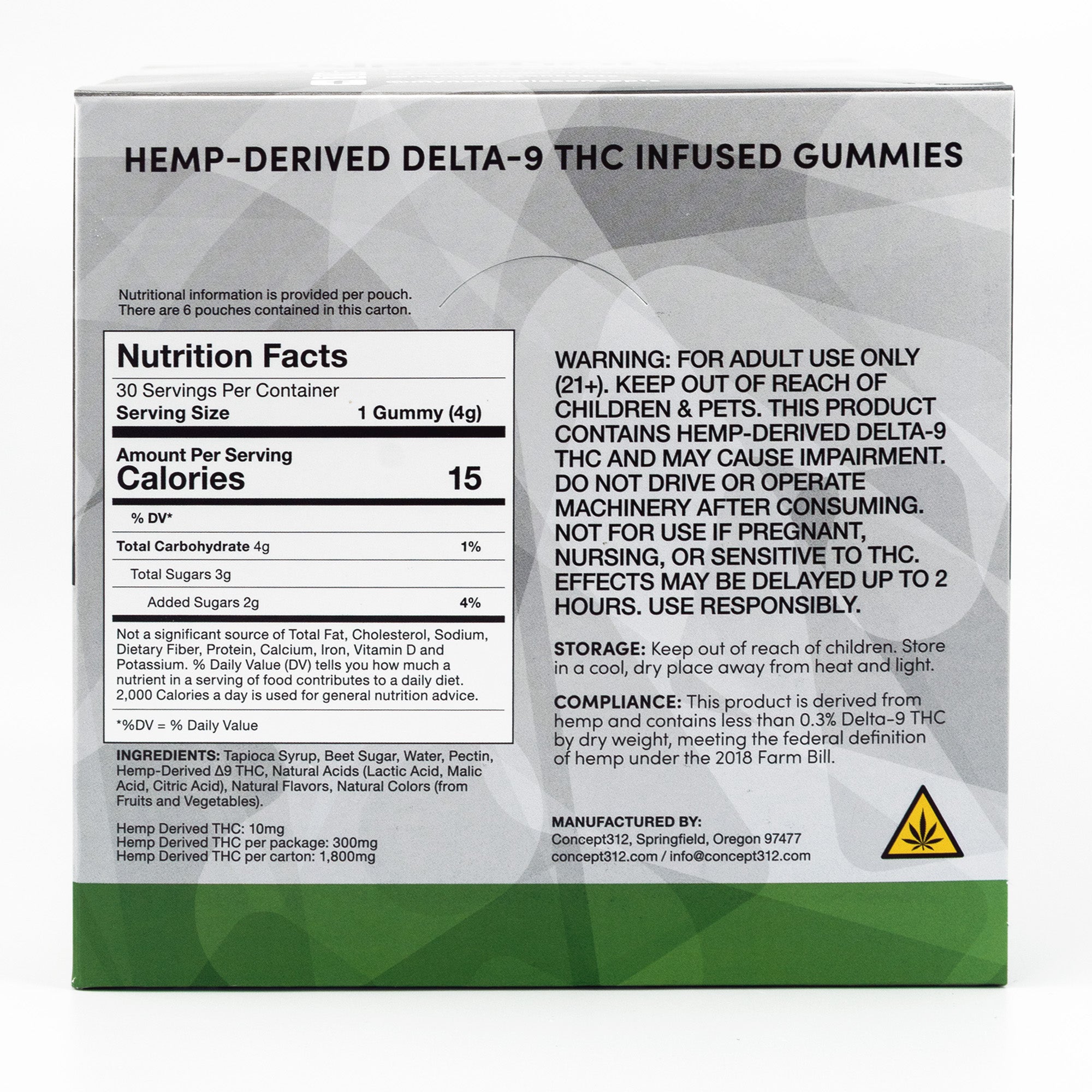 Box of Hemp-Derived Delta-9 THC Infused Gummies with nutrition facts and warning label.