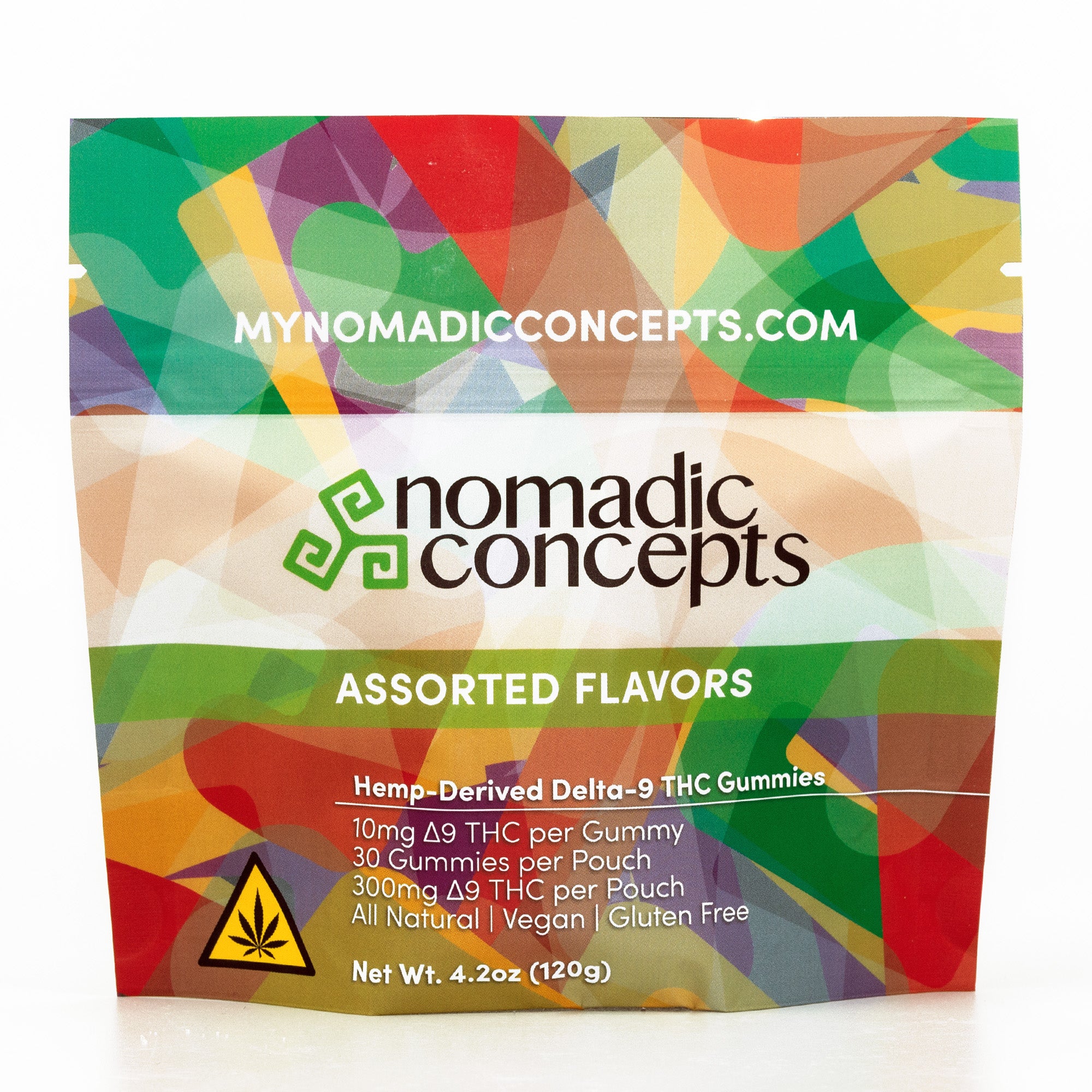 Colorful packaging of Nomadic Concepts THC gummies with geometric design