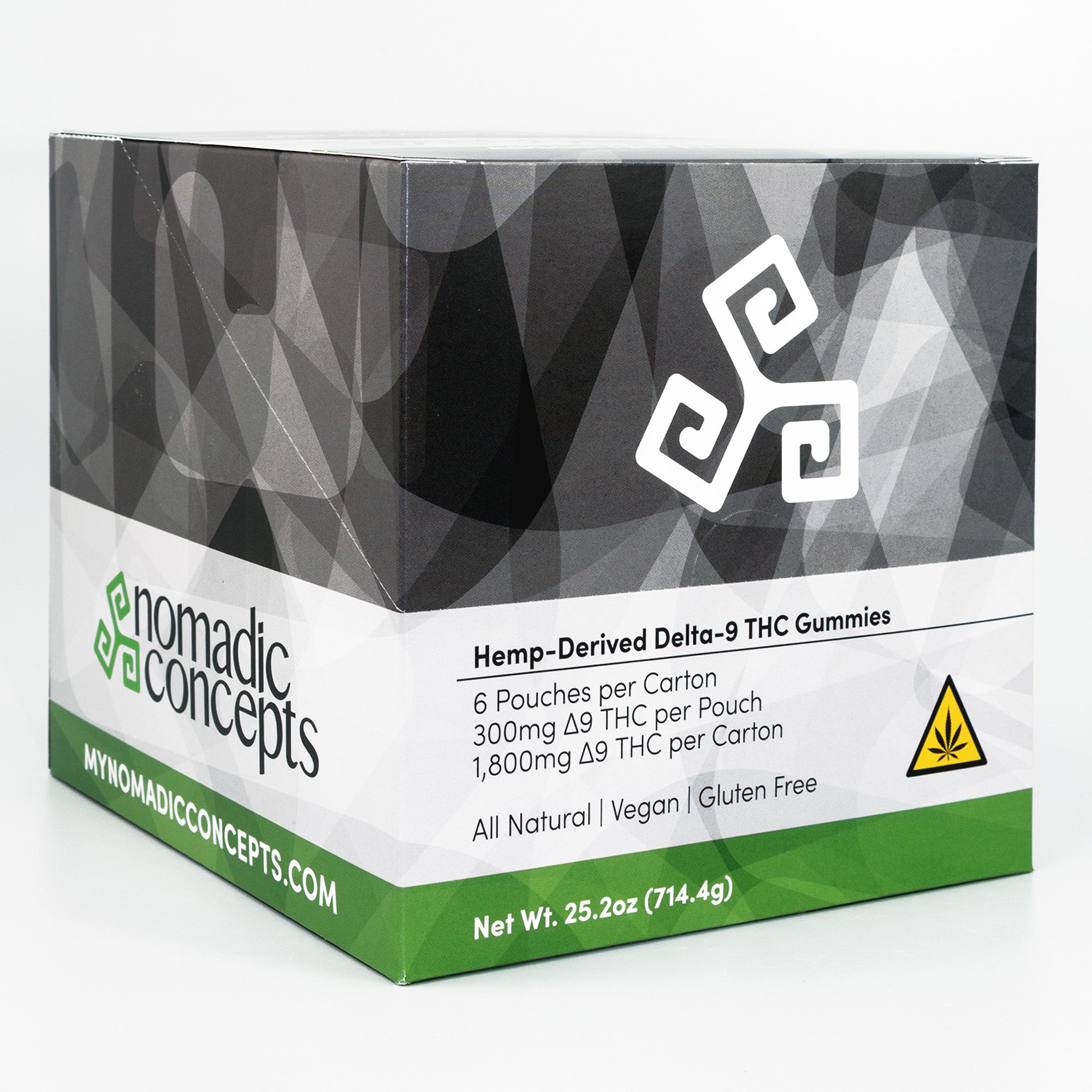 Box of Nomadic Concepts Hemp-Derived Delta-9 THC Gummies with geometric design and warning label.