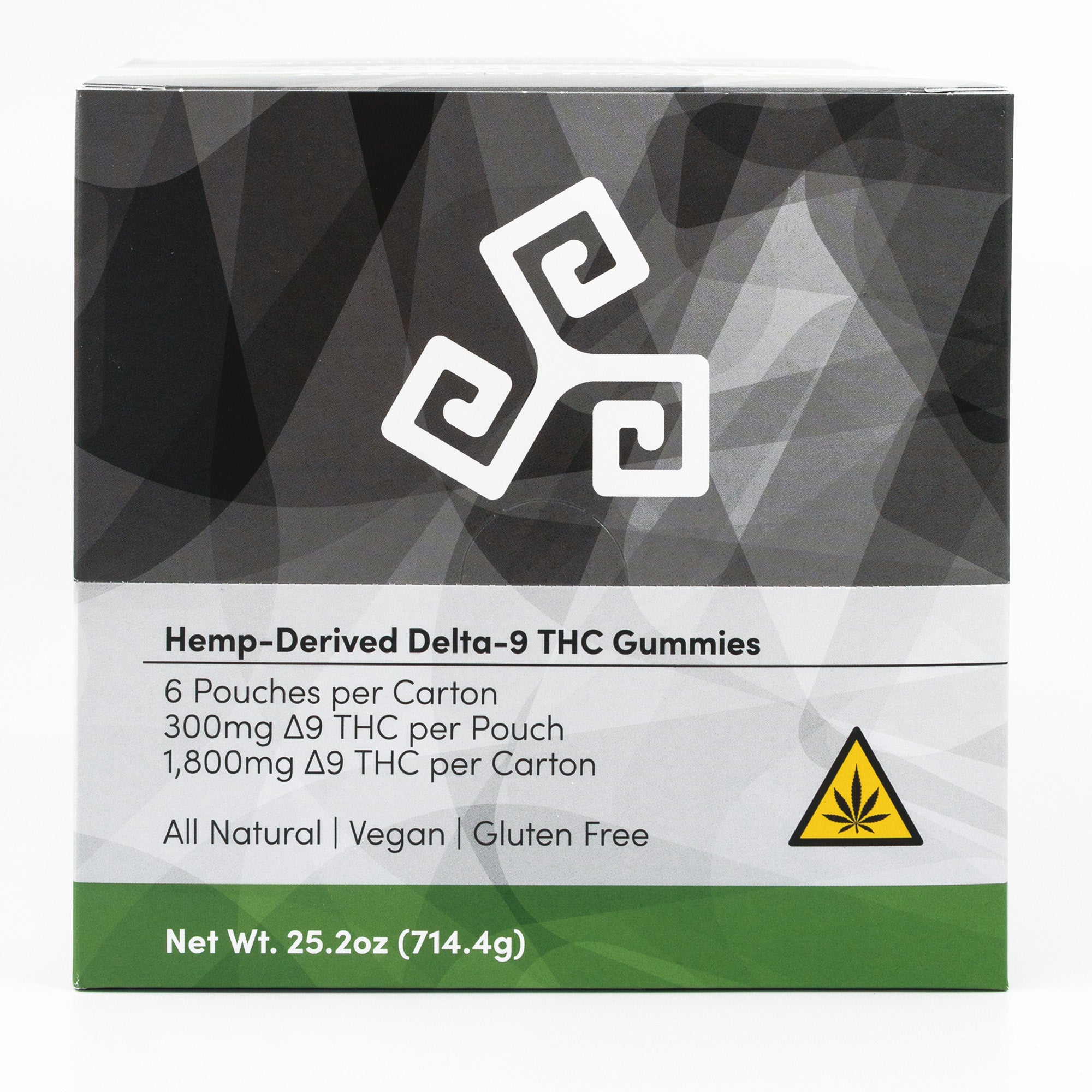 Box of Hemp-Derived Delta-9 THC Gummies with geometric design and warning label.