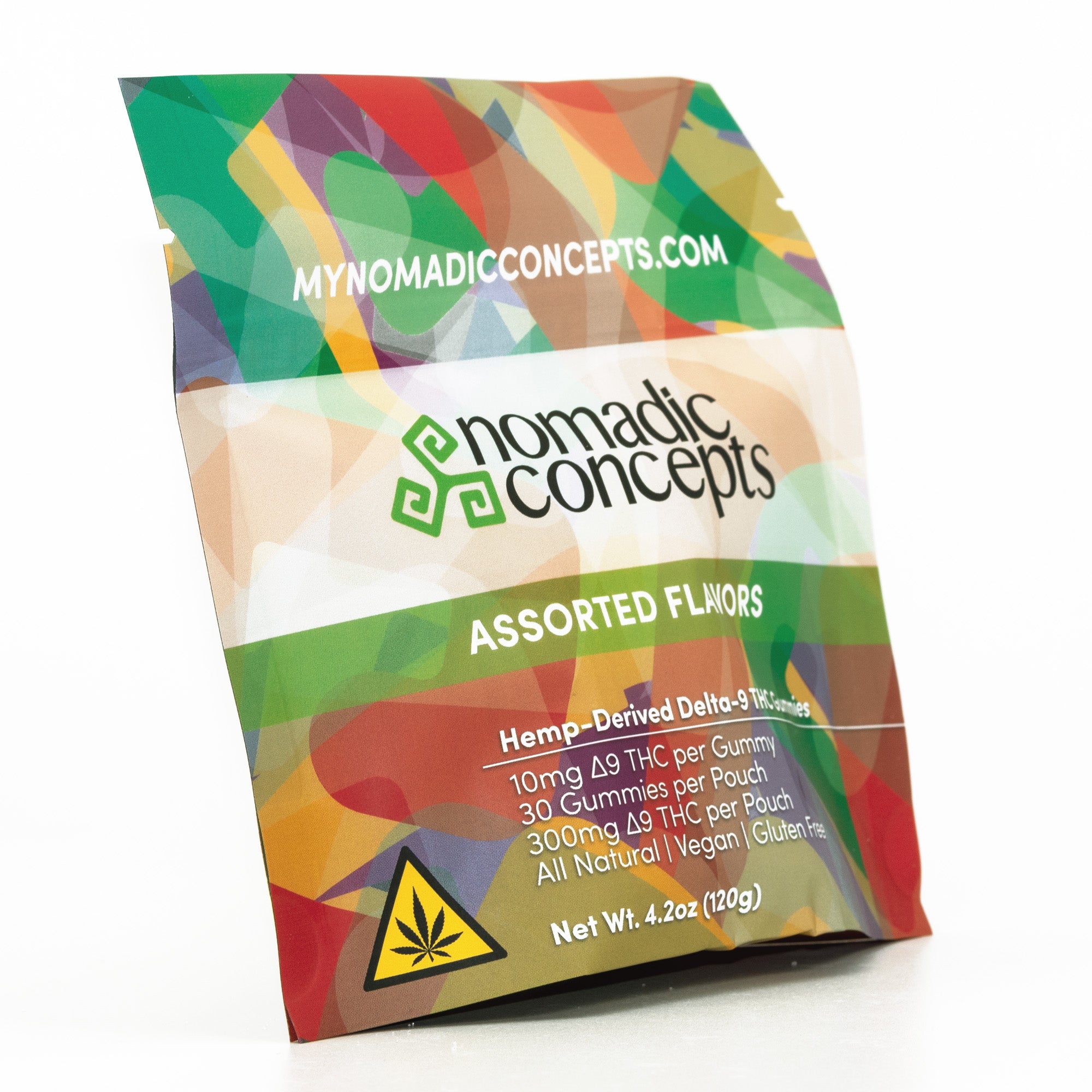 Colorful packaging of Nomadic Concepts gummies with product details on a white background