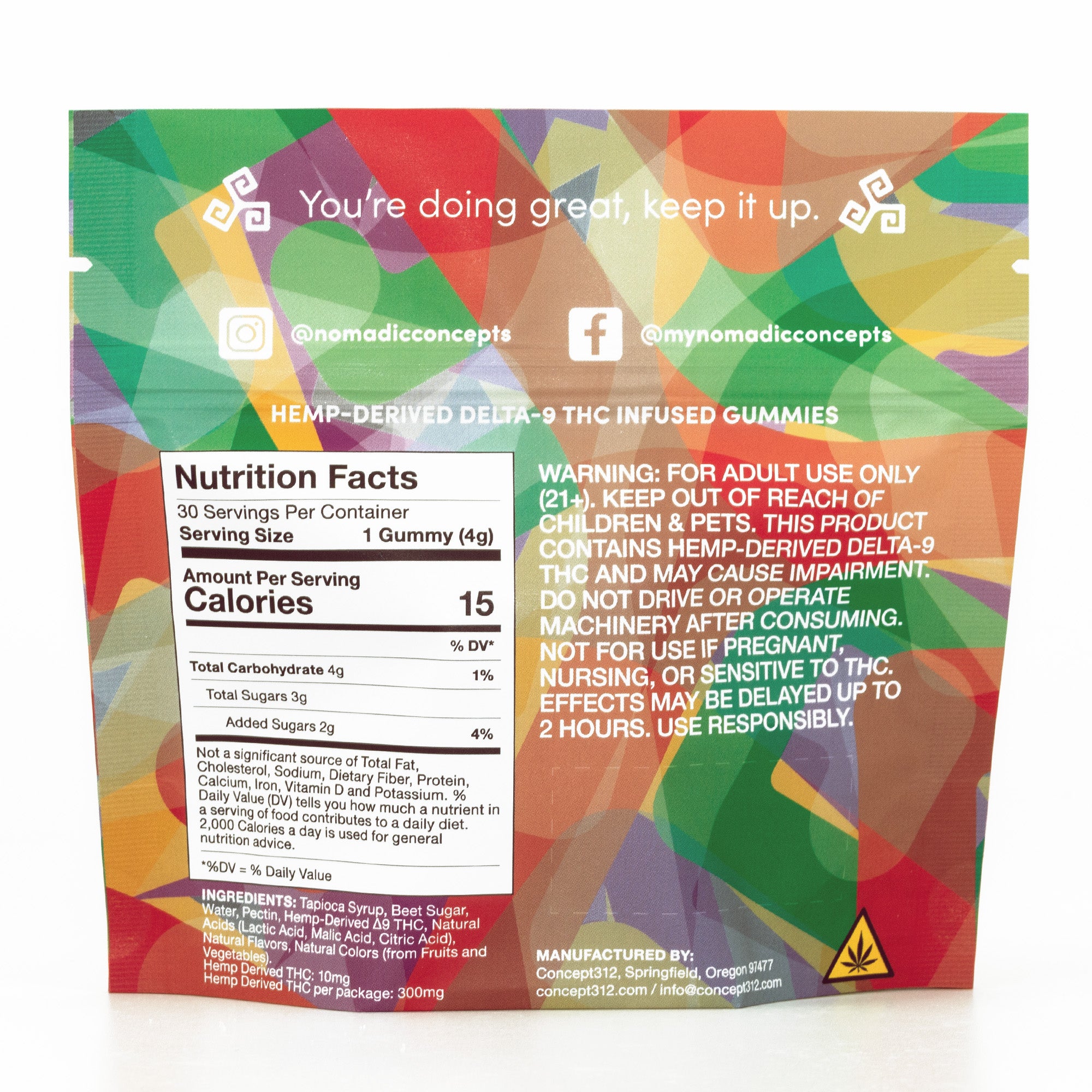 Colorful packaging of hemp-derived delta-9 THC infused gummies with nutrition facts and warning label.