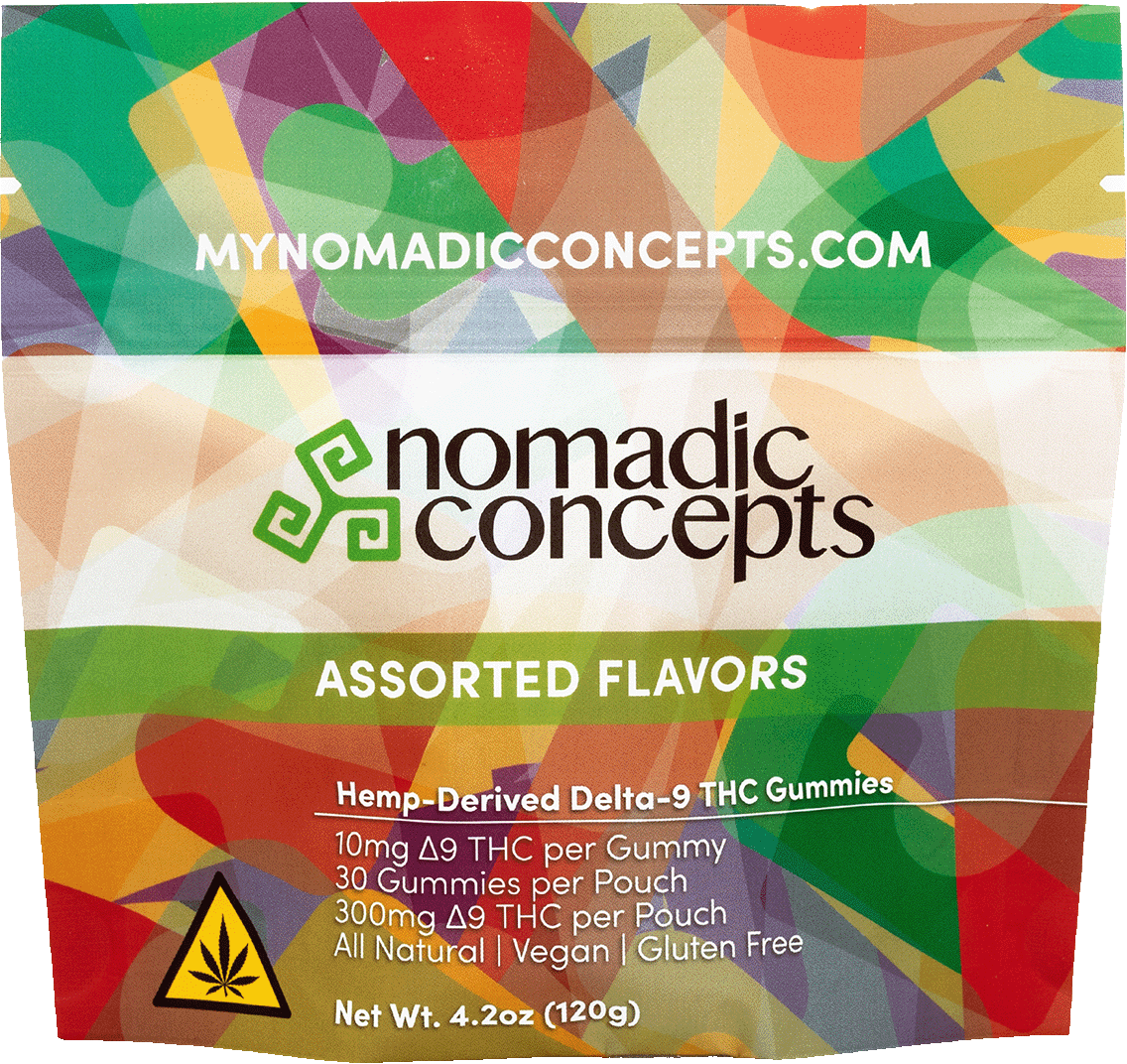 Colorful packaging of Nomadic Concepts THC gummies with geometric design