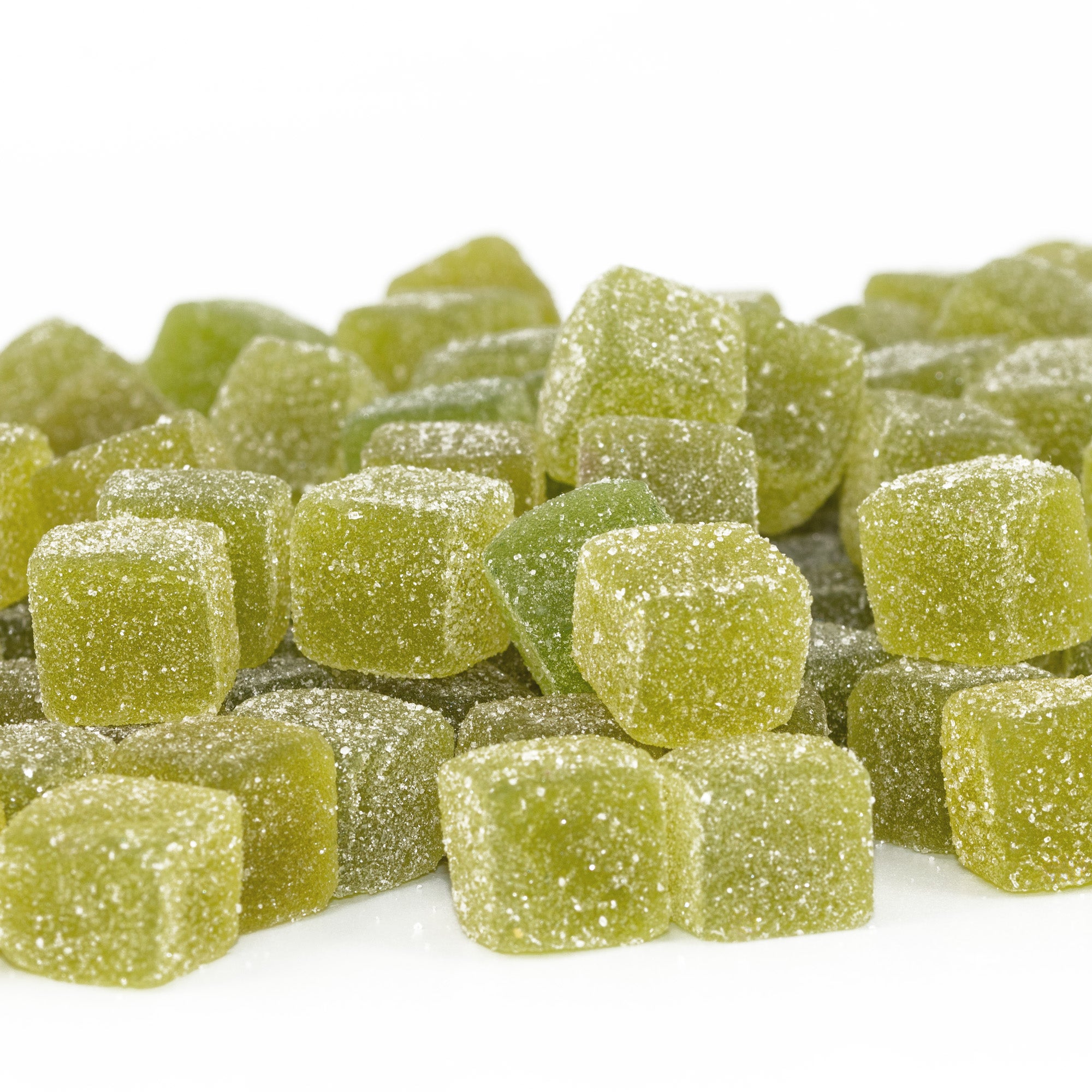 Sour Watermelon gummy cubes with a white background